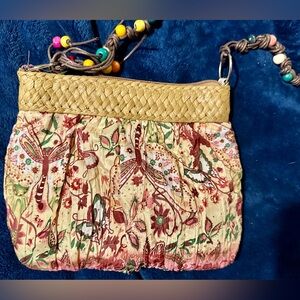 Floral Butterfly Print Crossbody Bag with Woven Accent, 7”x7”